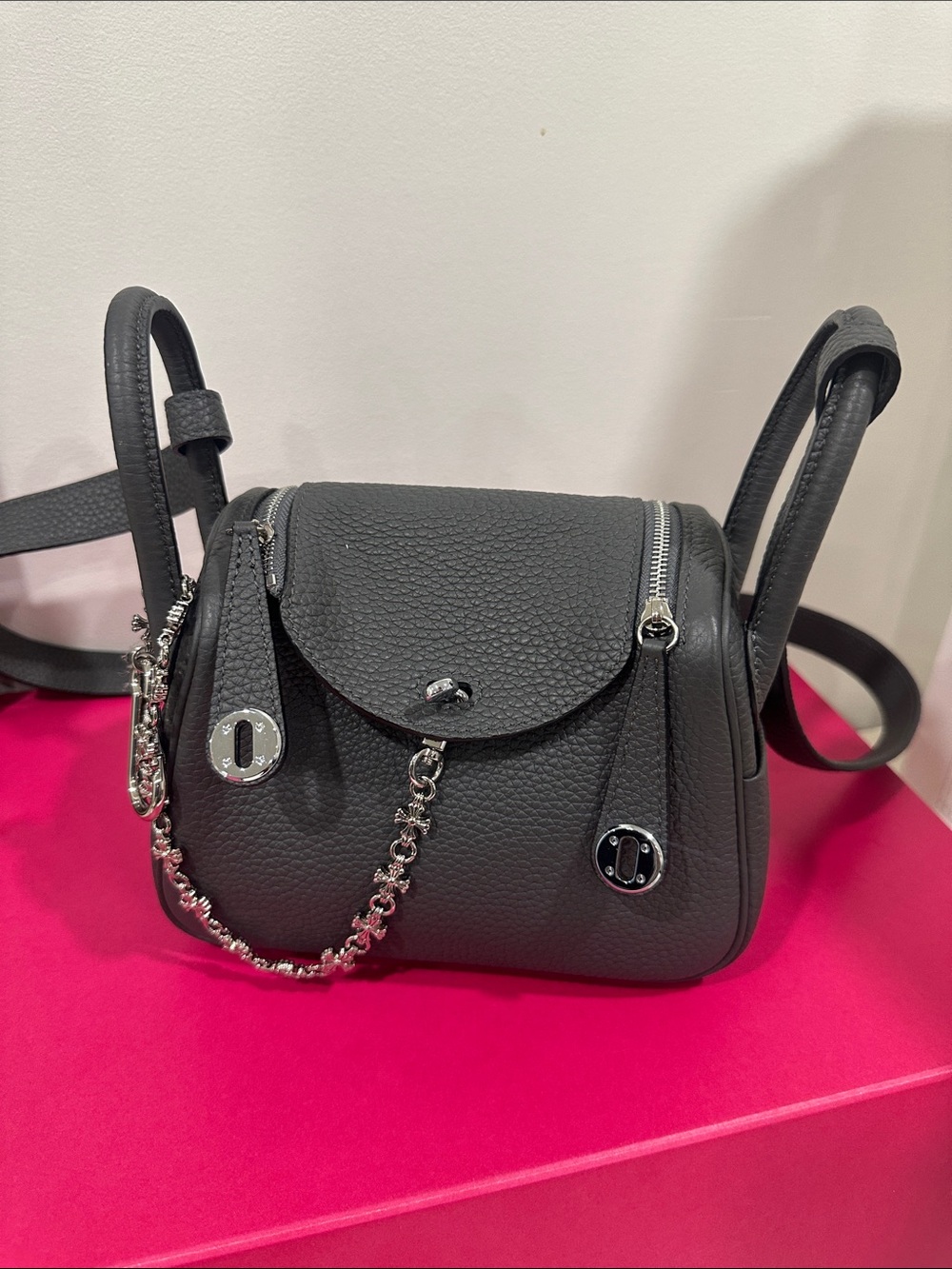 Black Pebbled Leather Crossbody Bag with Chain Accent